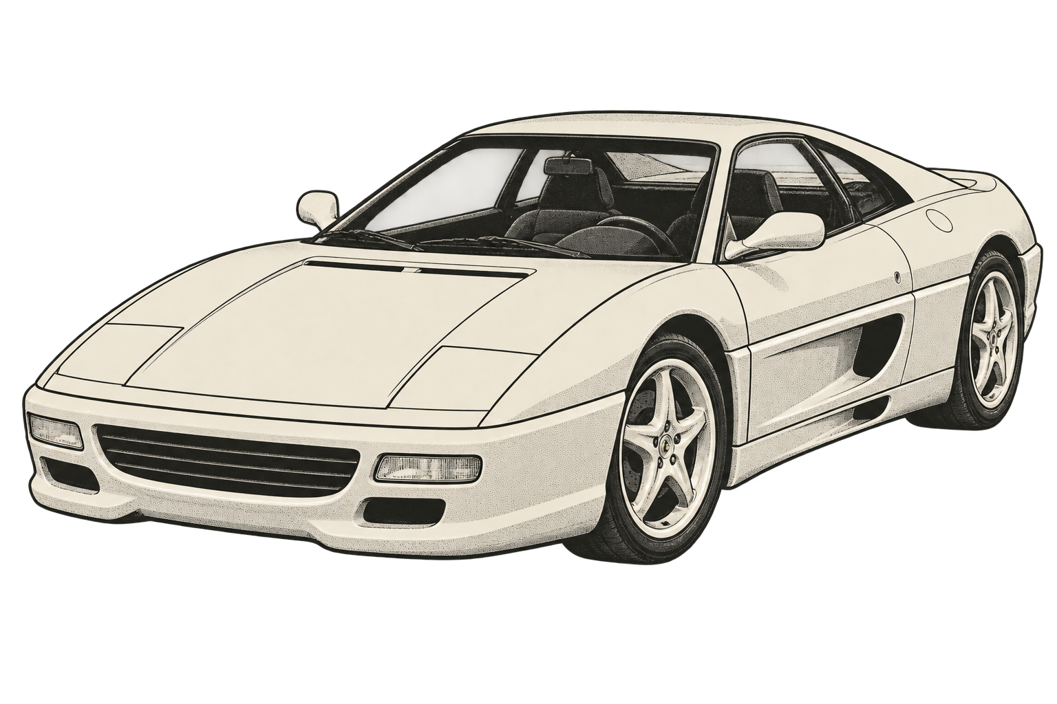 Original illustration of a Ferrari F355 Berlinetta, viewed from the front left